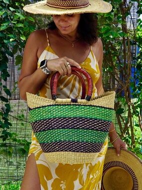 Handwoven Green & Black Striped Straw Tote with Brown Wrapped Handles
